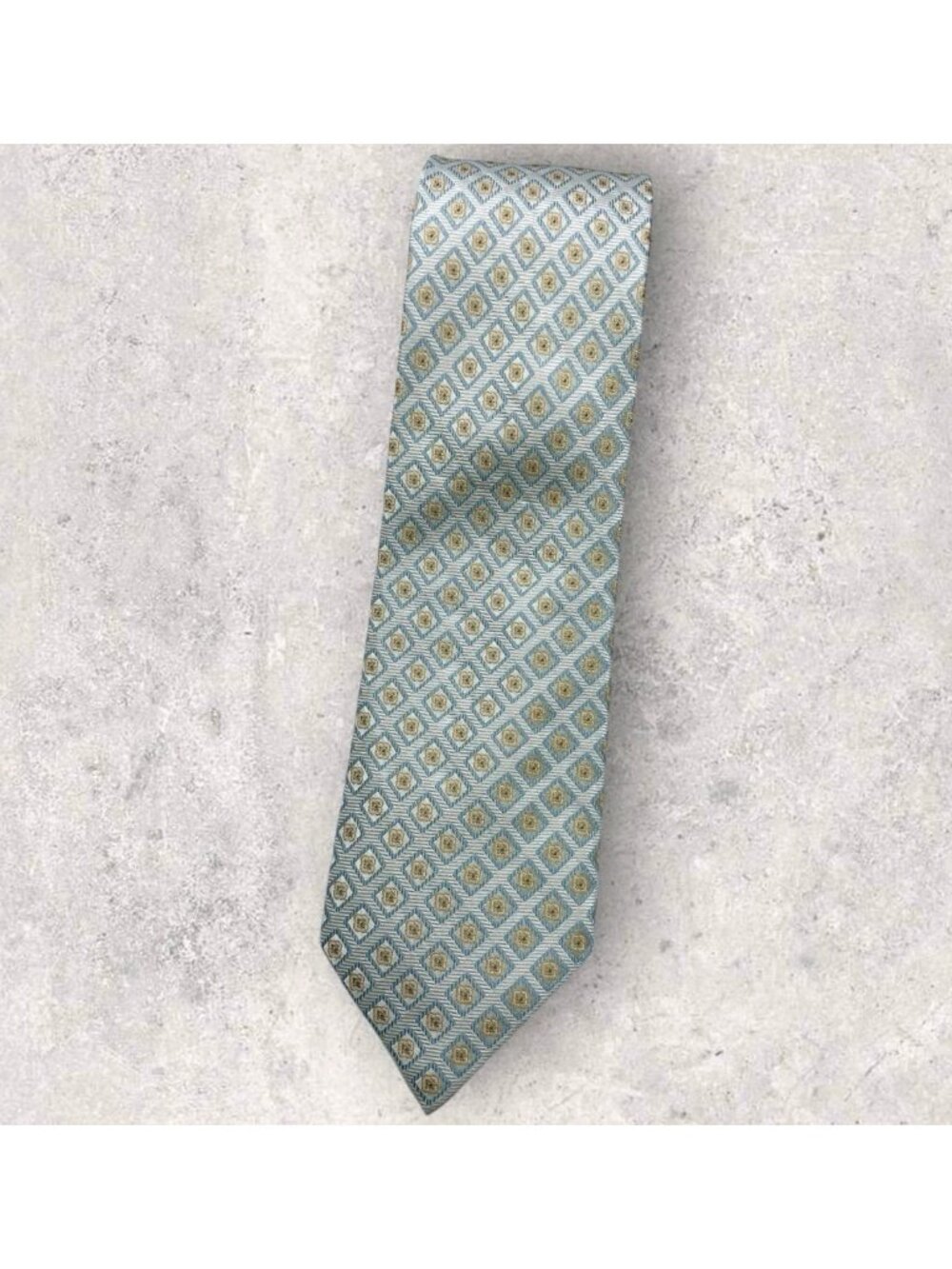 CANALI Men's Silk Tie ITALY XL Ivory Blue Yellow Geometric W:3.7" EUC